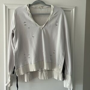 Emory Park Distressed White v-neck sweatshirt. Pullover tie sides. Athleisure L